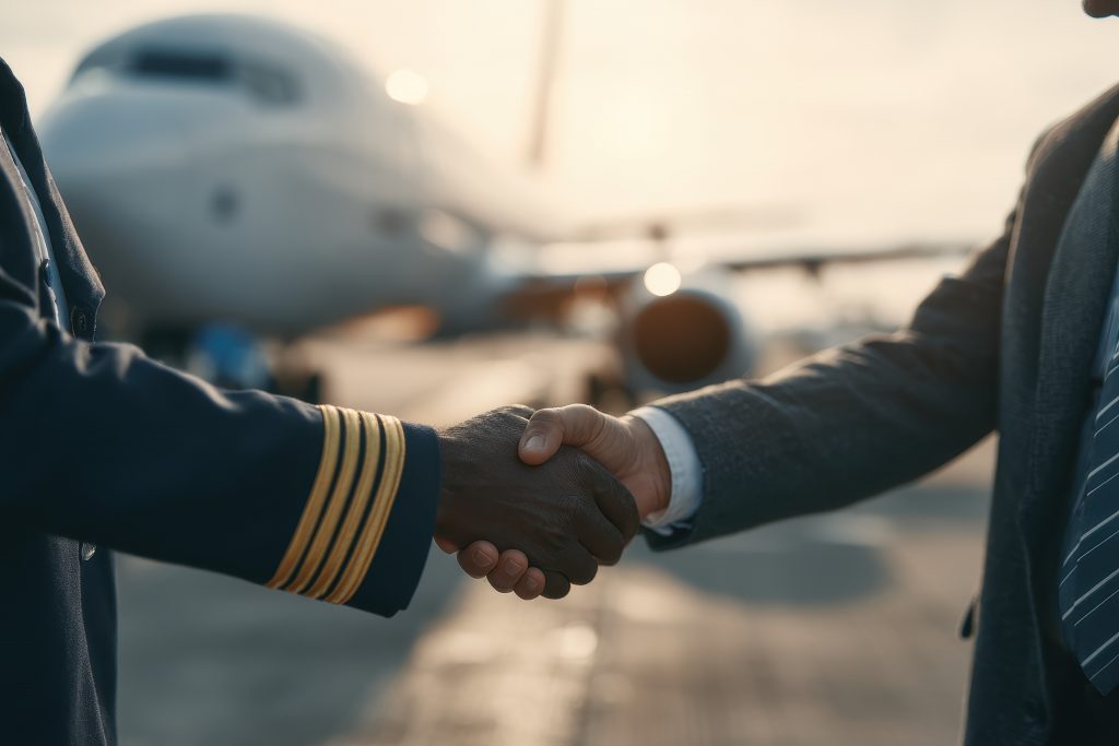 businessmen shaking hands near airplane in airport during sunset or sunrise